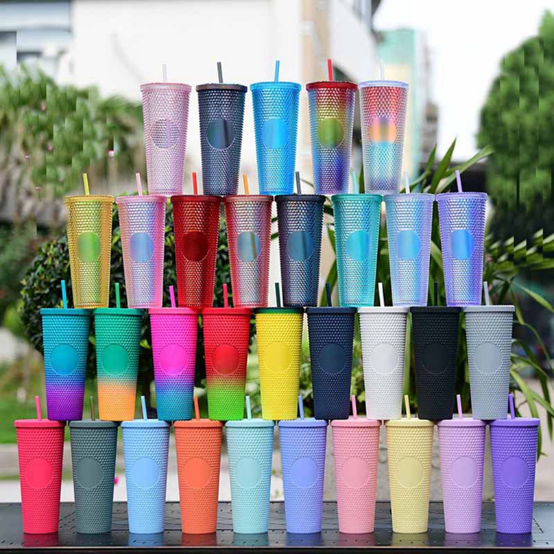 

710ml/24oz Studded Tumblers Double Layer Durian Straw Cup Plastic Coffee Bright Diamond Goddess Star Sky Custom LOGO Accpet WLL1063, 1 lot=cup+lid+straw