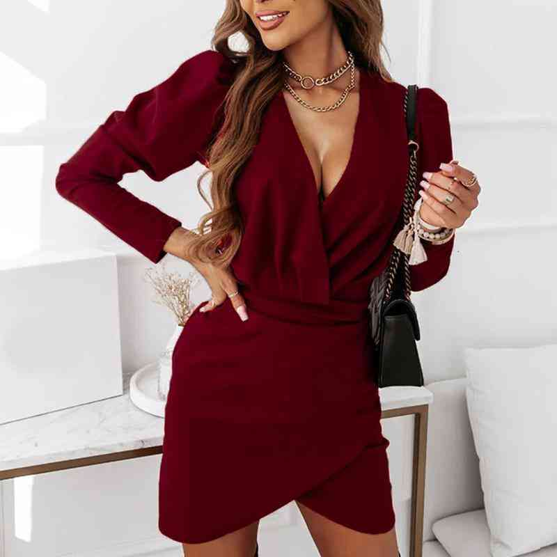 

Casual Dresses Sexy V-neck Dress Women Fashion Pure Color Wrap Short Autumn Long Sleeve Elegant Party Vestidos For Woman 2022, Red