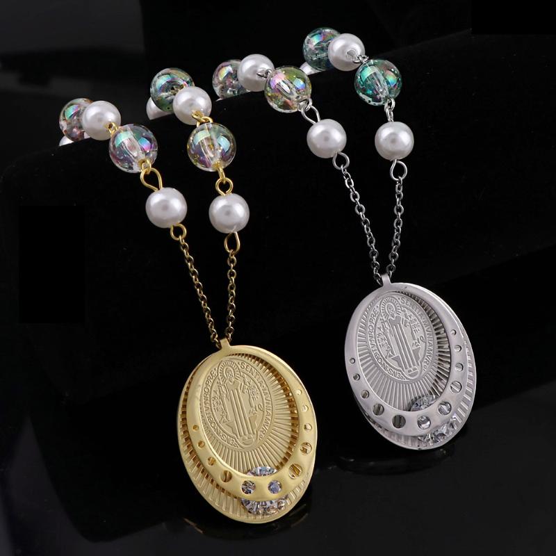 

Pendant Necklaces Gold Sliver Oval Hollow Round Jesus Bead Necklace Stainless Steel Zirconia Chain For Religious Jewelry, Silver