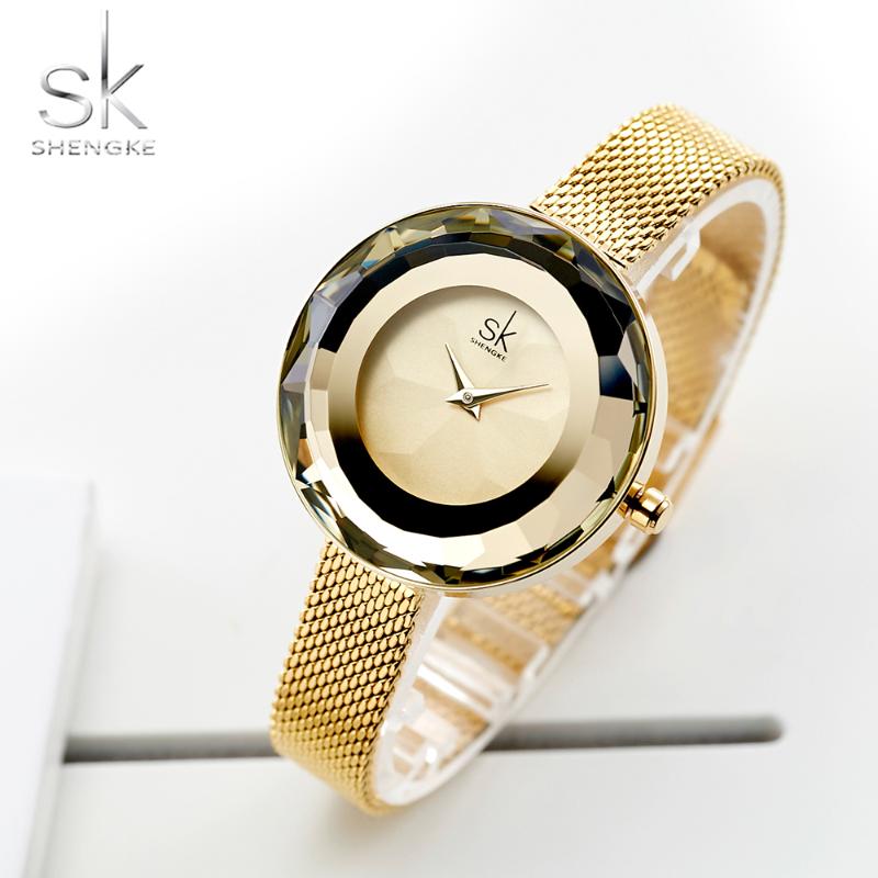 

Wristwatches Shengke Fashion Luxury Ladies Watch Prism Fac Gold Steel Mesh Quartz Women Watches Top Brand Clock Relogio Zegarek Damski, Silver