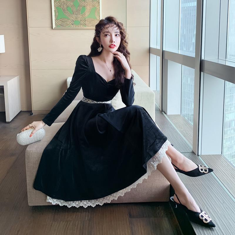 

Casual Dresses COIGARSAM Vintage Women One-piece Dress Korean Spring Black 8926