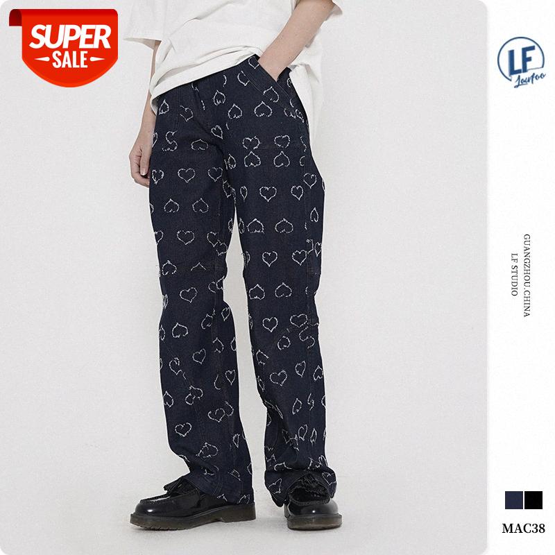 

LawFoo National Men's Wear Red Heart Embroidered Denim Pants Casual #3p1r, Black