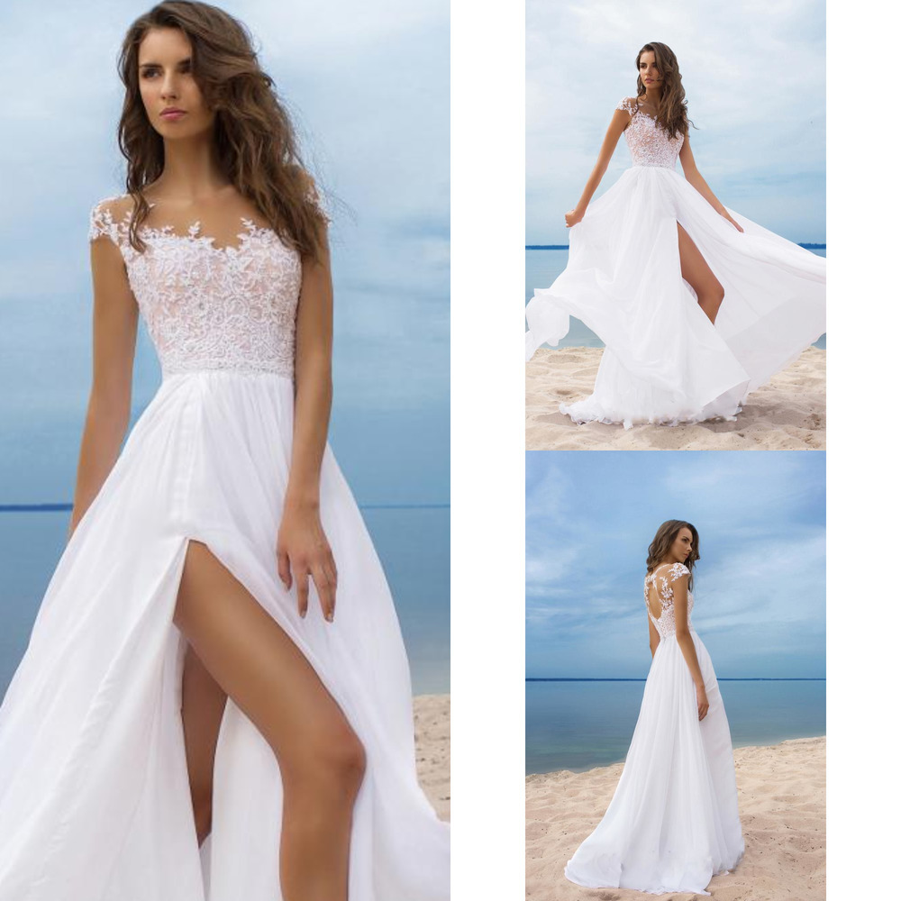 Wedding Dresses White Sexy V-neck Split Lace A-line Chiffon Backless Vestido De Noiva Brautkleider Vintage Bridal Gowns 2021-image-688737979