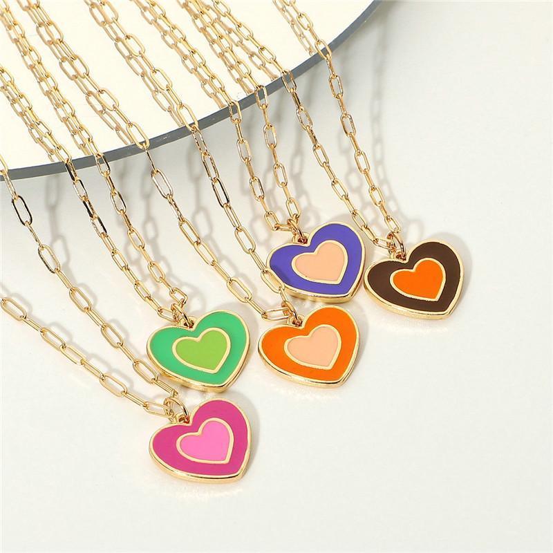 

Chains Summer Drip Glaze Colorful Heart Pendant Necklace For Women Girl Metal Geometric Charming Choker Necklaces Party Jewelry