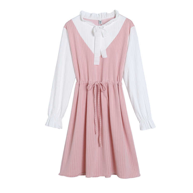 

Merry Pretty Women Striped Patchwork A-Line Dress Bow Neck Long Sleeve Female Summer Sweet Style chic Mini Lace Up Dresses 210526, Blue short sleeve