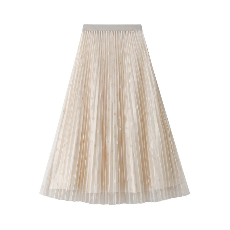 

Spring Summer long Skirts Womens Midi Pleated dots Tulle Skirt Women Fashion Elastic High Waist Mesh Tutu 210524, Gray
