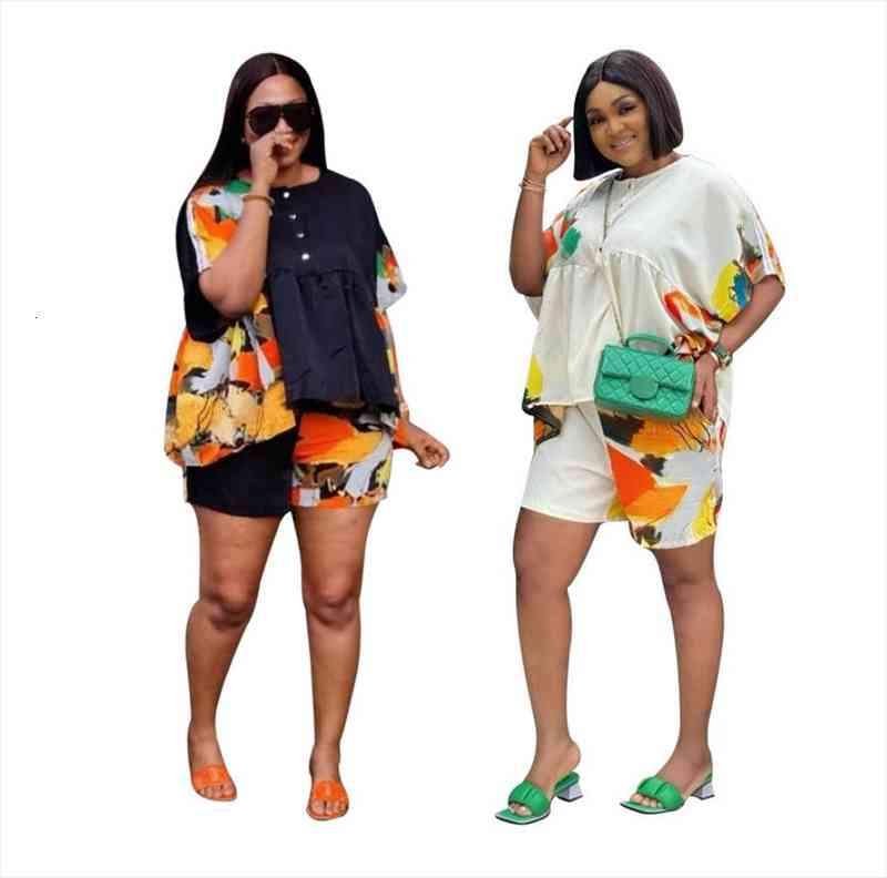 

Women Casual Shorts Sets Fashion Patchwork Print Short Sleeves O-neck Tops Loose Nightclub Party Buttons Outfits Streetwear, Gray