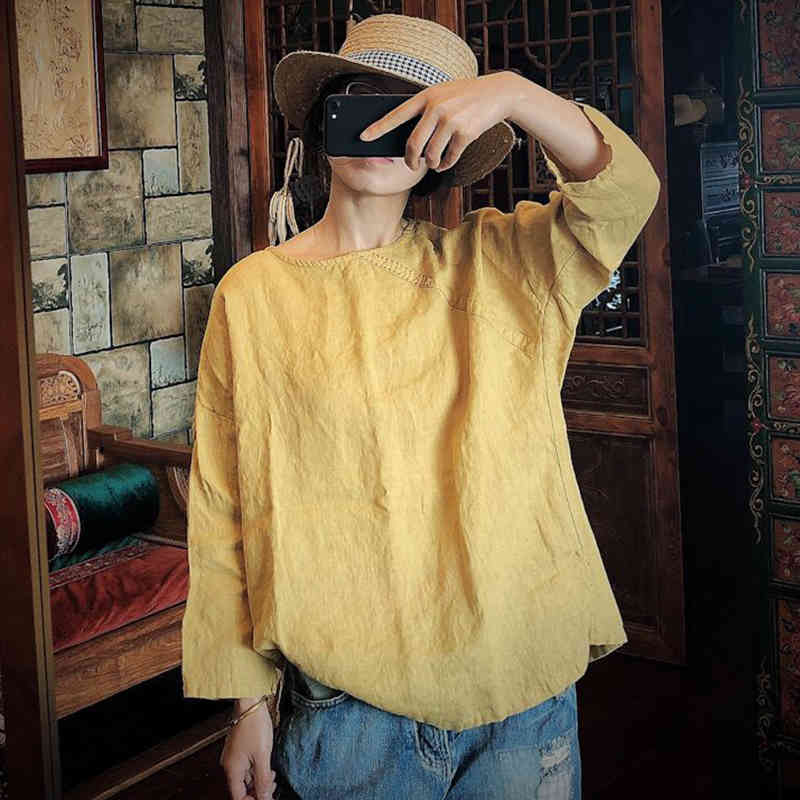 

Johnature Chinese Style Blouses And Top For Women Autumn Linen Shirts O-Neck Casual Solid Color Loose Casual Shirt 210521, Yellow