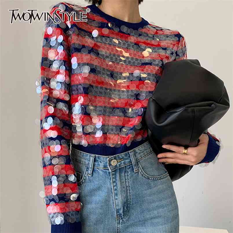 

Hollow Out Striped Sweater For Women O Neck Long Sleeve Patchwork Sequin Hit Color Casual Sweaters Female Fashion 210524, Redblue