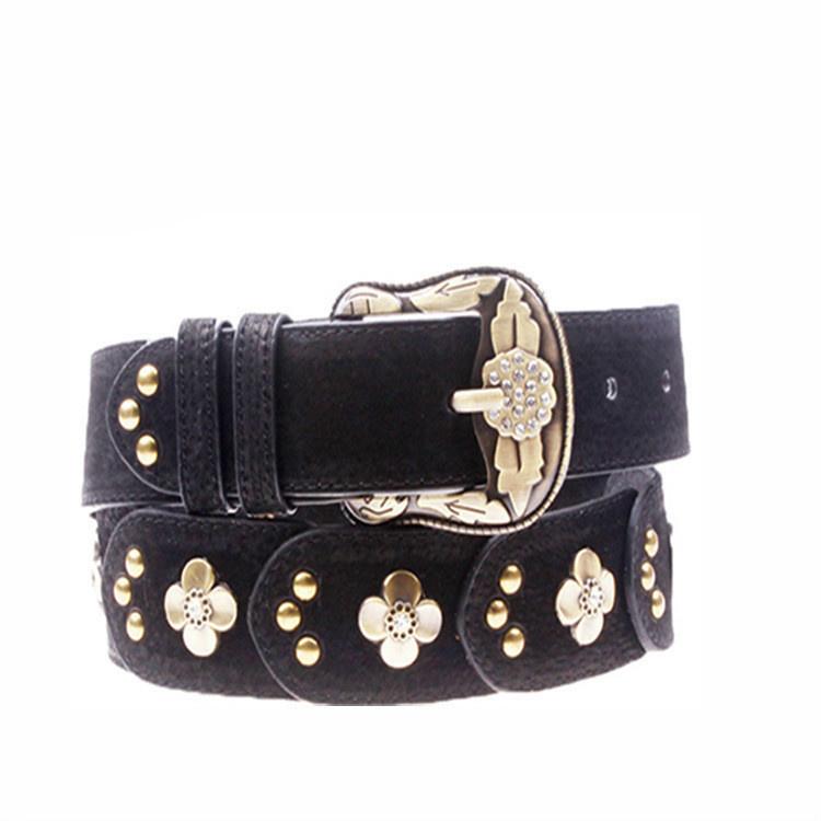 

Belts Big Metal Pin Buckle Cowskin Wide Leather Belt For Women Fashion Flower Waist Casual Luxury, Black