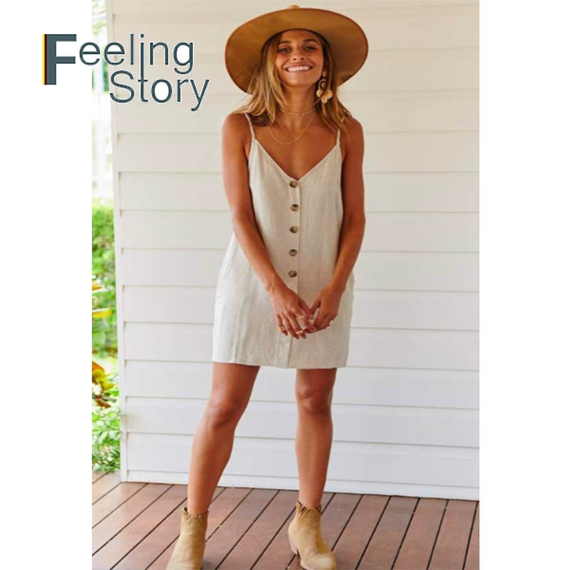 

Cotton Linen Mini Dress Women' Solid Sleeveless Pocket Button Loose Casual Sexy Summer es Vestido 210603, Creamy-white