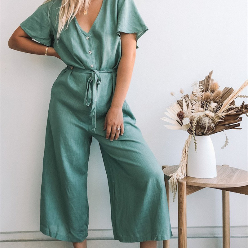 Women&#039;s Jumpsuits & Rompers Casual Woman Green Loose Sashes Jumpersuits 2021 Summer Soft Slub cotton Jmpersuit Ladies Chic Solid B-image-705663986