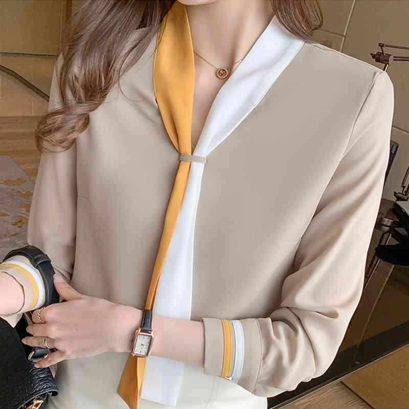 

Long Sleeve Chiffon Blouse Shirt Blusas Blouses Femme Tops Women Busas Mujer De Moda Bow V-Neck Office Blouse Women E745 210602, Brown