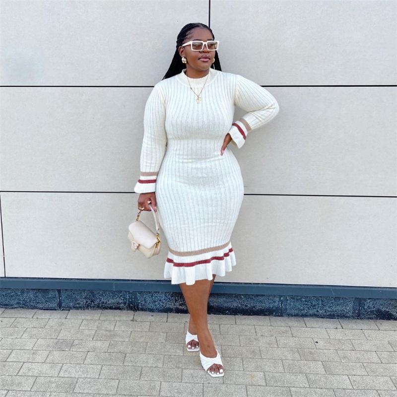 

Plus Size Dresses HAOOHU Dress For Women Round Neck Long Sleeve Casual Solid Color Thread Fashion Evening 4X 5X Urban, Black