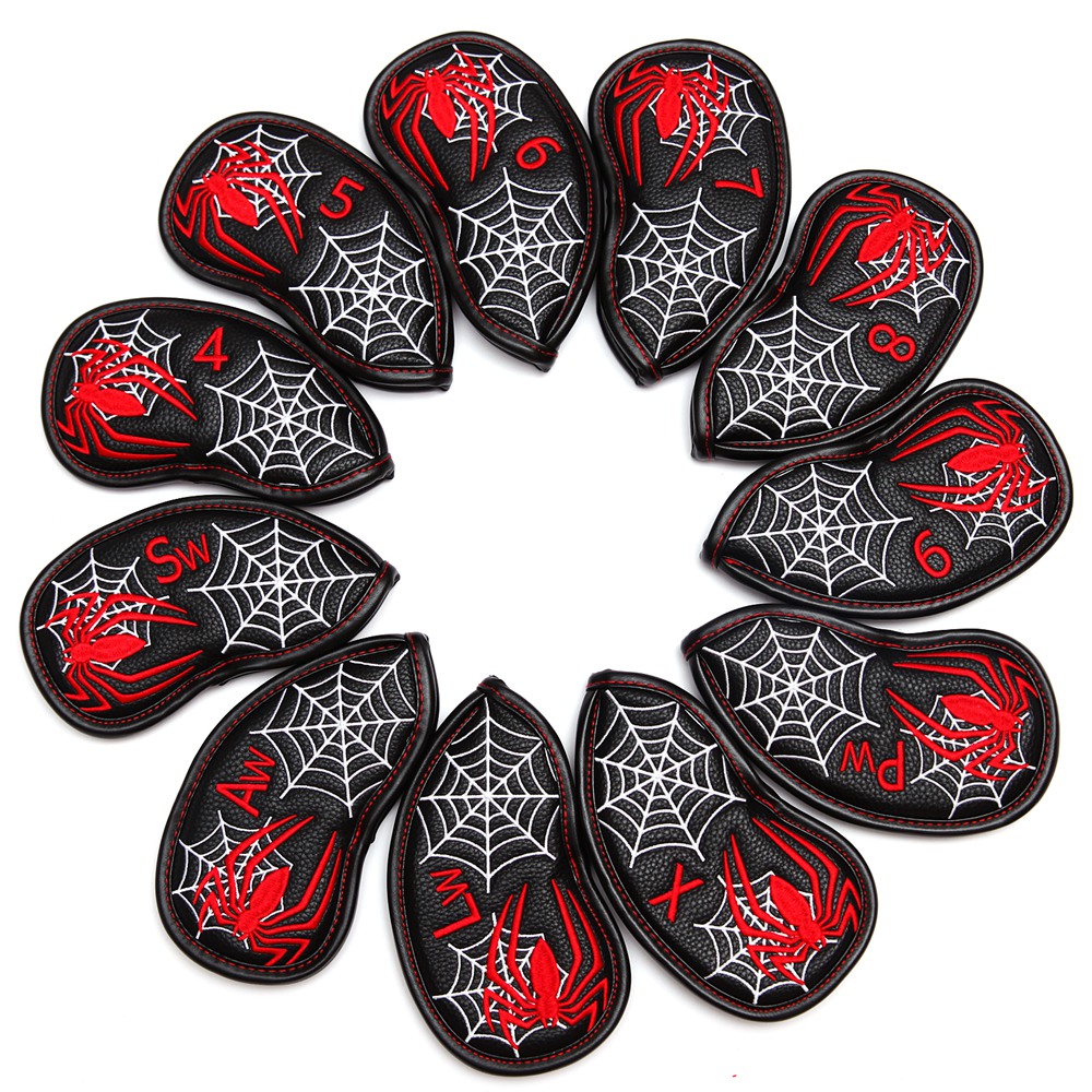 11pcs / Set Black Litchi PU Leather Spider Embroidery Golf Club Irons HeadCover Wedges Cover-image-719963773