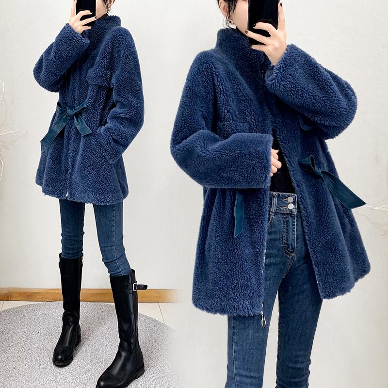 

Women' Fur & Faux 2021 Fashion Winter Mid-length Coat Warm Lamb Hair Outwear Blue Elegant Slim Stand Collar Female Jacket