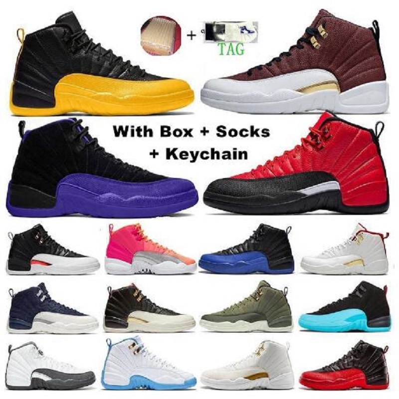 

With Box sneaker man shoe 12s Jumpman University Gold Black Mens Basketball Shoes Michigan Game Royal White 12 Designer Trainers, Color 7