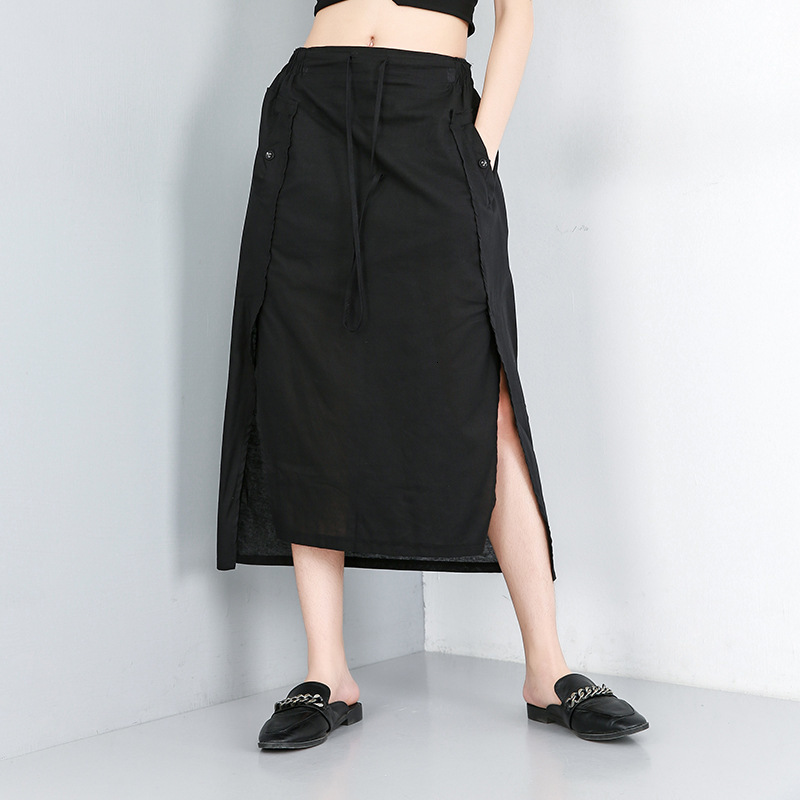 

pants trousers fashion brand 2021 summer stitched split linen skirt black personalized irregular 9962, Black;white