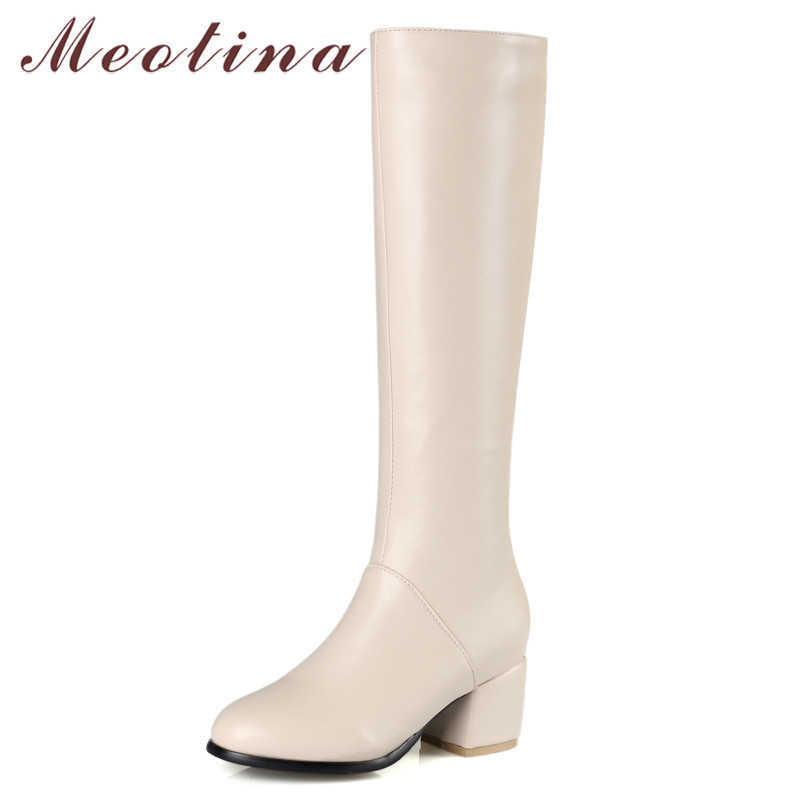 

Meotina Winter Knee High Boots Women Zipper Chunky High Heel Long Boots PU Leather Round Toe Shoes Ladies Autumn Plus Size 34-45 210608, Black