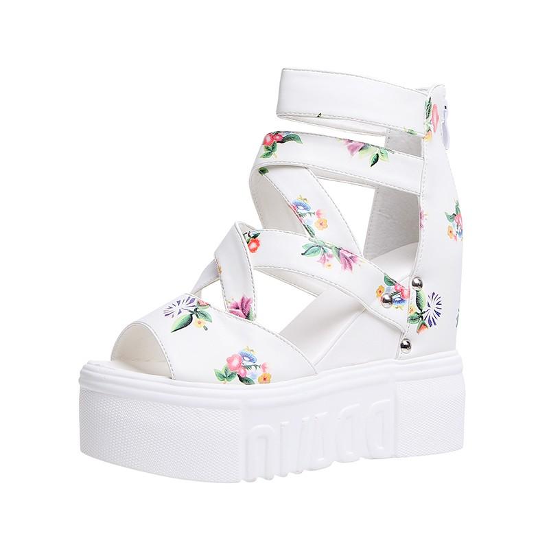 

Dress Shoes Summer Women Print Wedge Sandals Super High Heels Platform Woman Sexy Peep Toe Cross Strap Gladiator Sandalias, Black