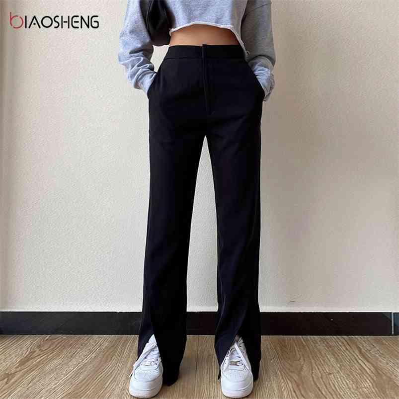 

Women's Pants Fashion Loose Trousers For Female Boot Cut Straight Pants Full Length High Waist Casual Wide Leg Split Pants 210721, Black