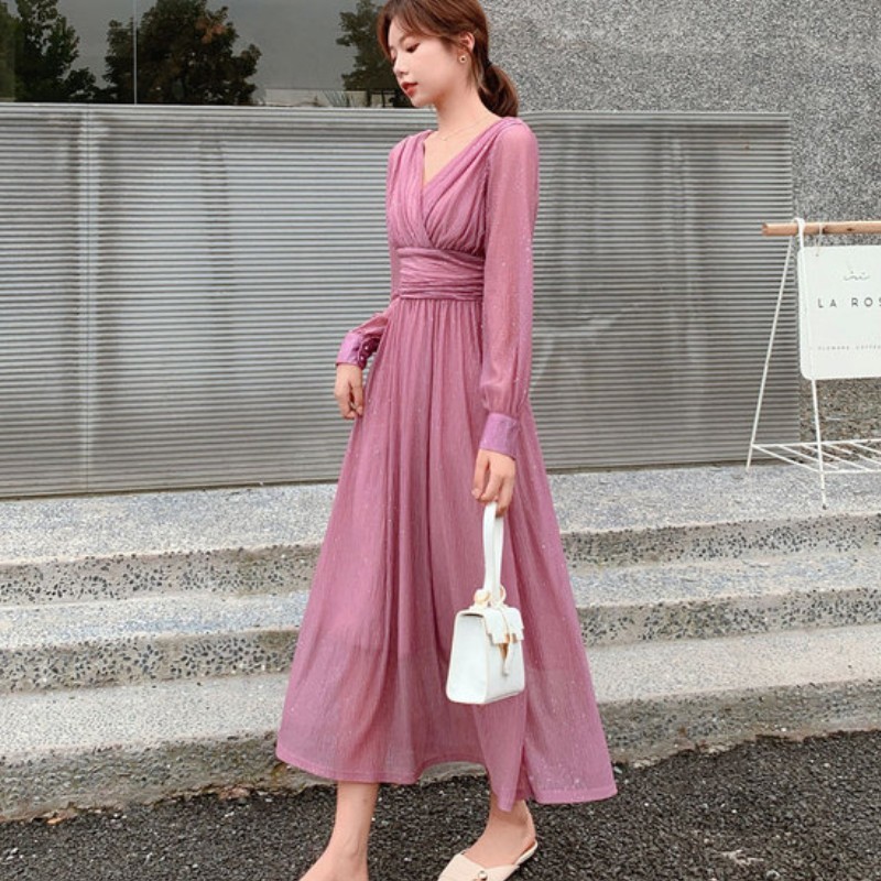 

Elegant Autumn Dress for Women Chic V-neck Pink High Waist Female Dress fashion Vestidos femme 210518, Photo color