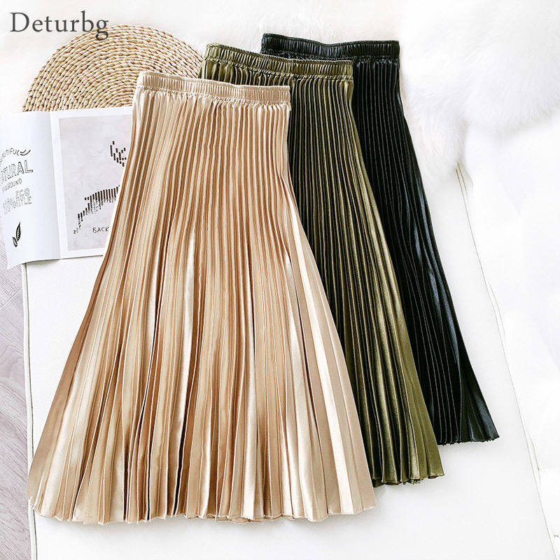 

Casual Dresses Women's Vintage Pleated Midi Long Satin Skirt Korean Female High Waist Metal Color Black A-line Skirts Faldas Autum