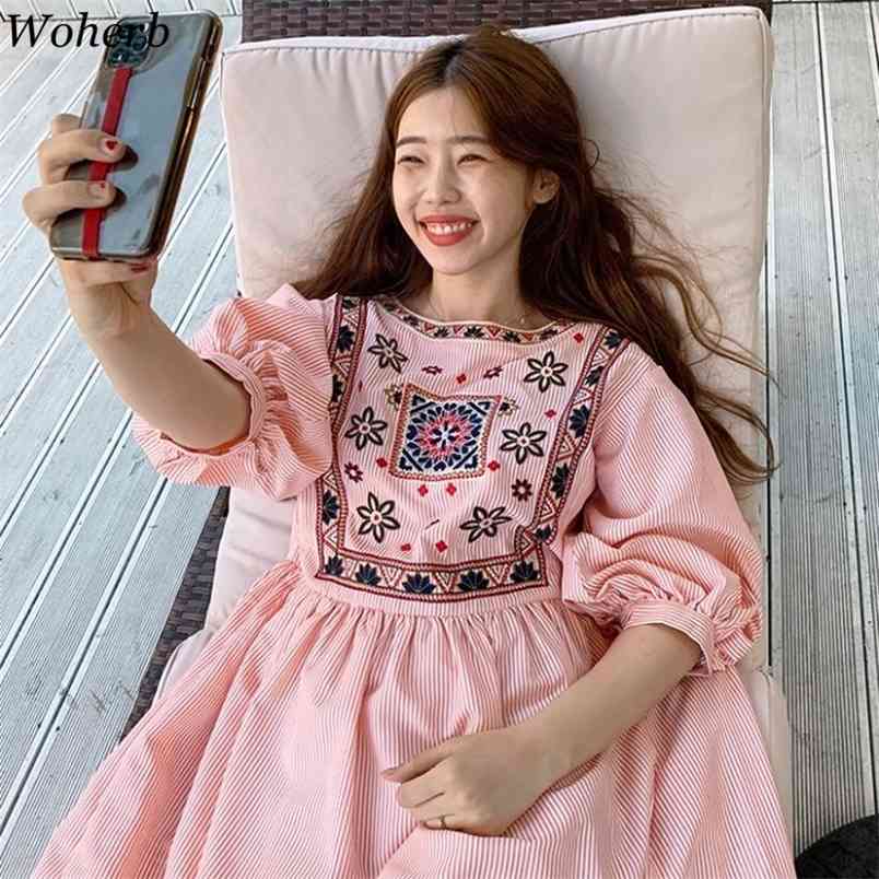 

Heavy Embroidery Dress Women Summer Robe Loose Puff Sleeve Elegant Vestidos Vintage Indie Folk Stripe MaxiDresses 210519, Red