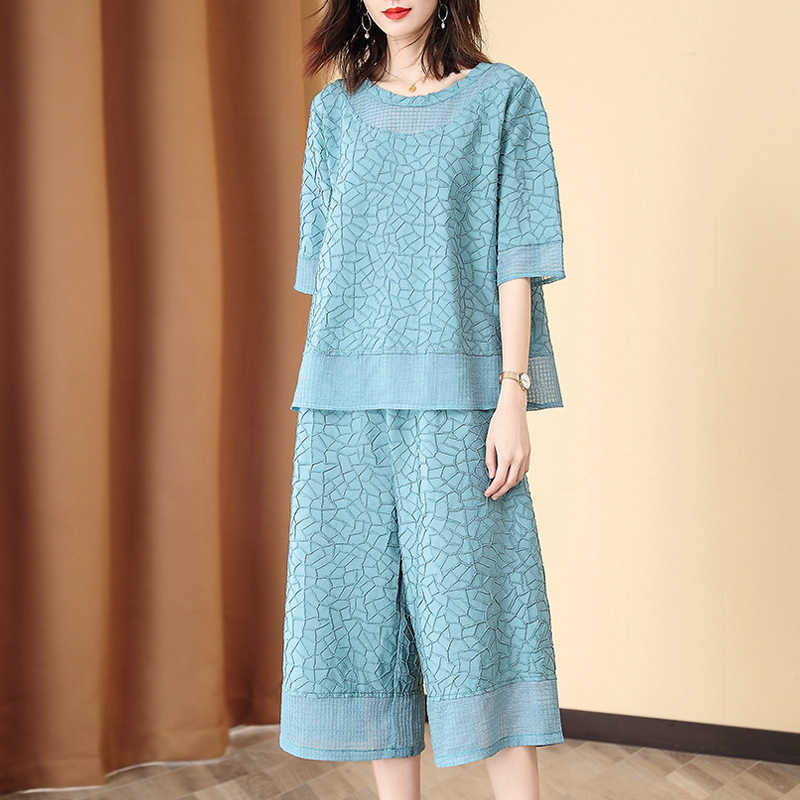 

VANOVICH Women's Sets Summer Short Sleeve Korean Style Temperament Fashion Casual Calf Length Pants Two-piece Female 210615, Blue