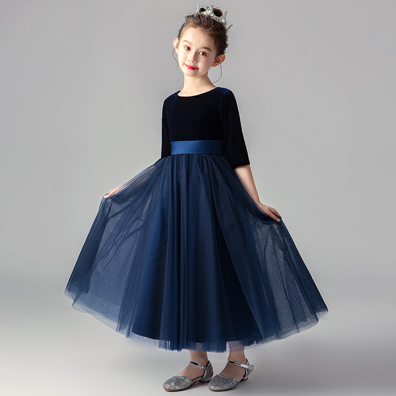 Girl Dresses Ball Gown Princess Navy Blue Flower Girls 2021 Scoop Neck with 3/4 Sleeves 1745 B3-image-719422643