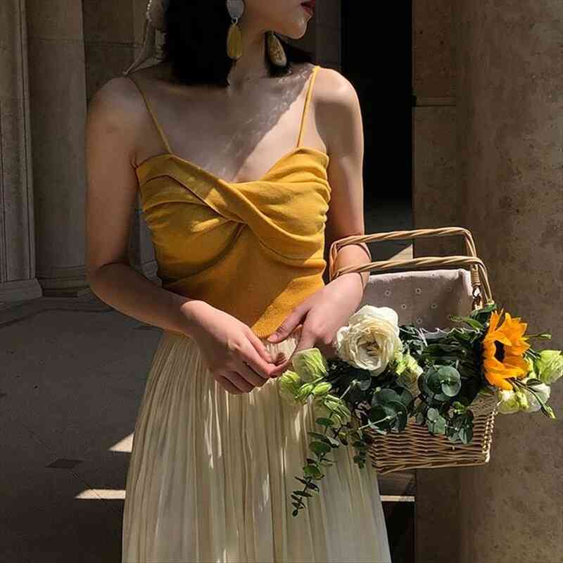 

knitted 12 colors spaghetti crop wrap front camis candy color summer solid knit front, White