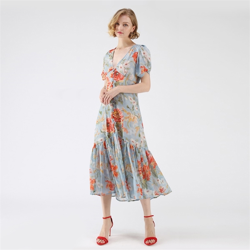 

Summer Blue Floral Dress Women Short Sleeve Deep V Neck Flounce A Line Boho Beach Chiffon Slim Maxi Dresses vestidos 210608