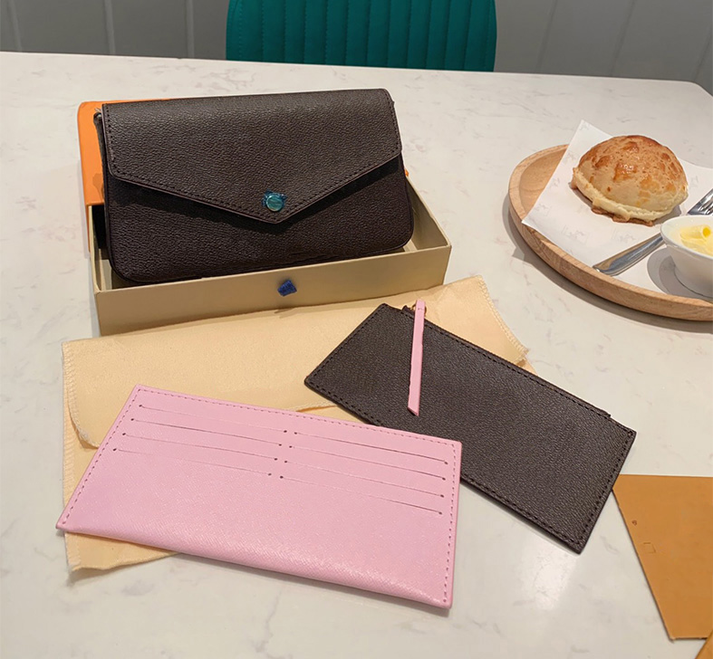 

Three-piece wallet brown letter flower leather fashion chain shoulder bag handbag mini wallet card bag fashion bag with box, No bag