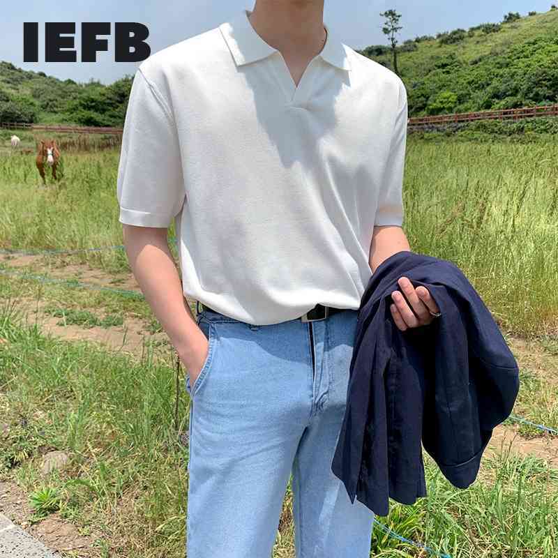 

IEFB Men's Solid Color Blue Polo Shirt Short Sleeve Tops Men's Summer Clothes Korean Fashion Casual Lapel Kintted Tee 9Y7197 210524, Black