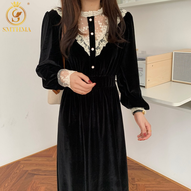 

Spring Sweet Lace Stand Collar Single-Breasted Velvet Dress Elastic Waist Black Women's Clothing 210520, Photo color