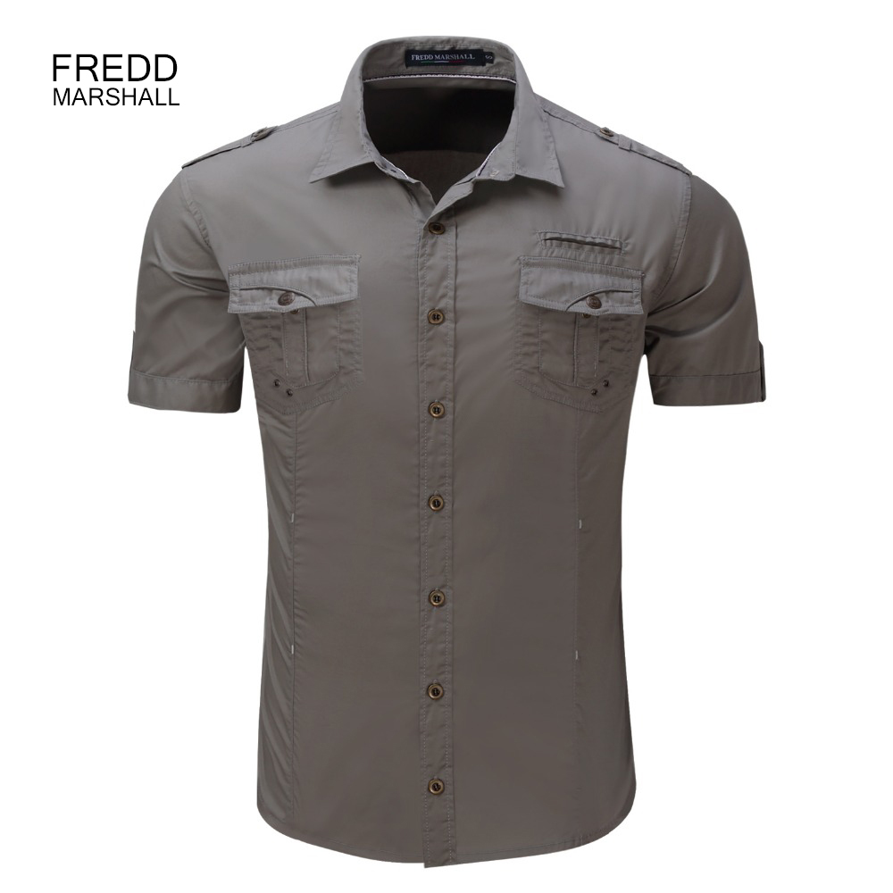

Men's Shirt Summer Men Cargo Shirt 100% Cotton Solid Mens Casual Male Military Style Shirts Plus Size S-XL 210518, Gray