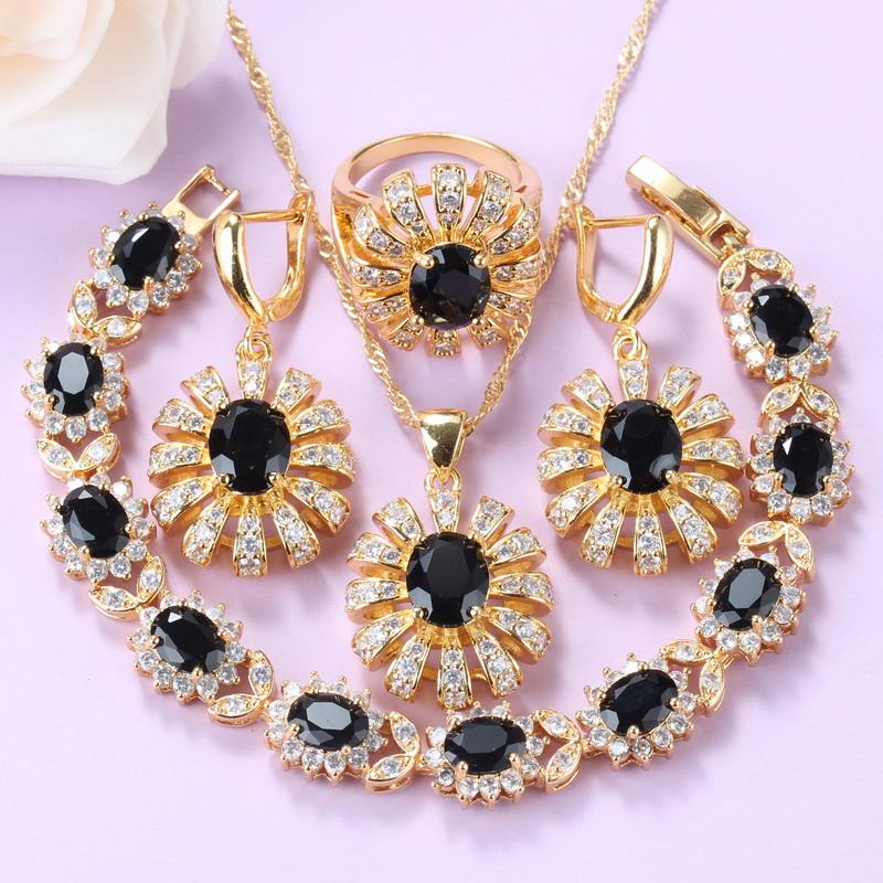 

Earrings & Necklace Rock Style Gold-Color Big Jewelry Sets Black Cubic Zirconia Fashion Costume Ring Size 6/7/8/9/10 Bracelet 18+3CM, Silver