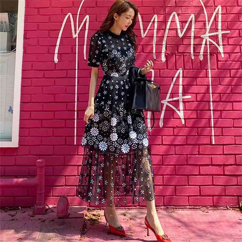 

HMA New Runway Summer Self Portrait Dress Women Short Sleeve Embroidery Floral Mesh Vintage Ruffles Party Vestidos 210409, Photo color