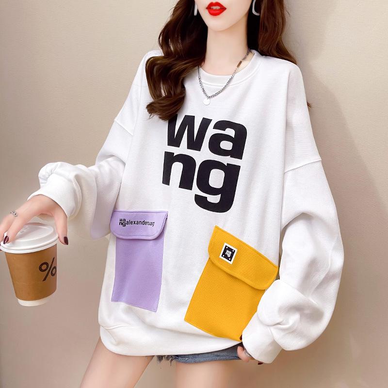 

Women's Hoodies & Sweatshirts Spring And Autumn Thin Section 2021 Korean Version Of Loose Letters Printed Pocket All-Match Age Reducing Top, Black