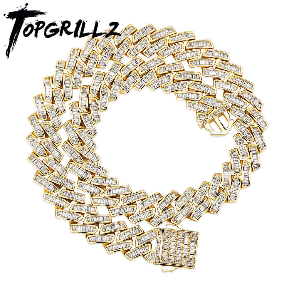 

TOPGRILLZ 18mm Baguette Prong Cuban Link Necklace CZ Iced Out Chain Hip Hop Fashion Luxury Bling White Gold Chain For Gift X0509