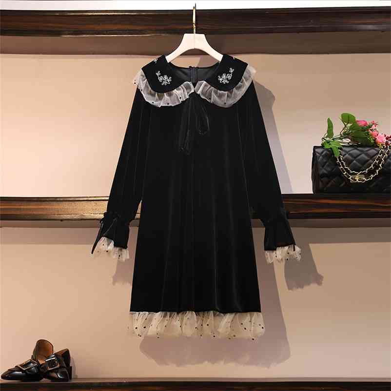 

Plus Size XL- Spring Women Long Sleeves Pleuche Doll Collar Patchwork Mesh Dress Female Loose Dresses KXG1291 210519, Blue