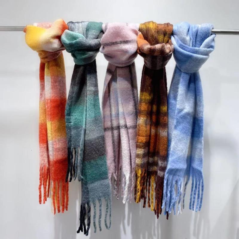 

Scarves 2021 Plaid Contrast Shawl Rainbow Color Checkered Mohair Fringed Scarf, Blue;gray