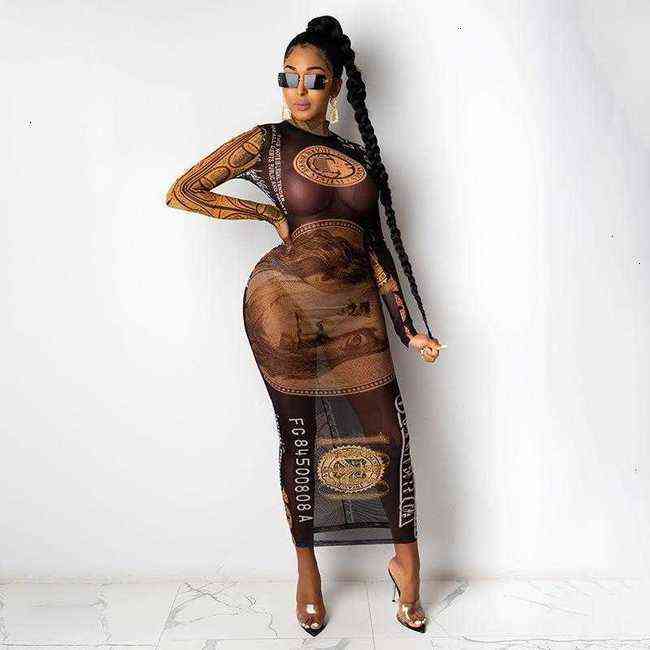 

DressesSexy Casual Black/gold Money Printed Stretch Mesh Dresses For Women Party Club Sheer Long Sleeve Bodycon Maxi Dress D85-BE16 Casual_GOOD, Black;gray