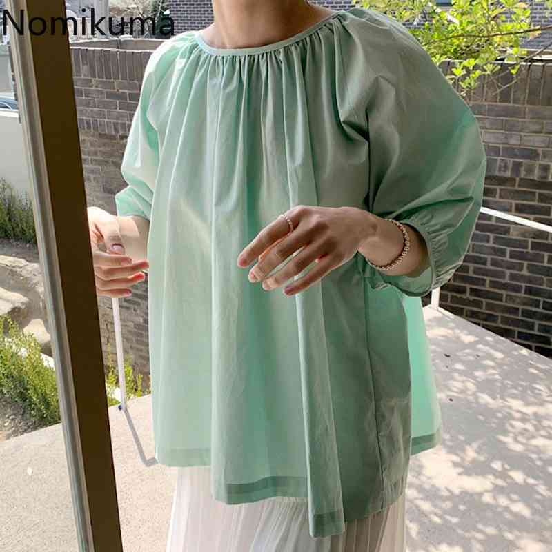 Nomikuma Korean Causal Bow Tie Blouse Shirt Solid Half Puff Sleeve O-neck Women Tops Spring Summer New Blusas Femme 6G418 210427