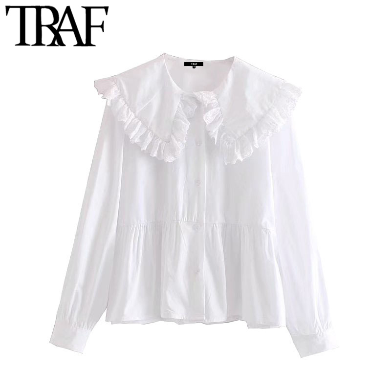 

TRAF Women Sweet Fashion With Peter pan Collar Ruffled Blouses Vintage Long Sleeve Button-up Female Shirts Chic Tops, As picture