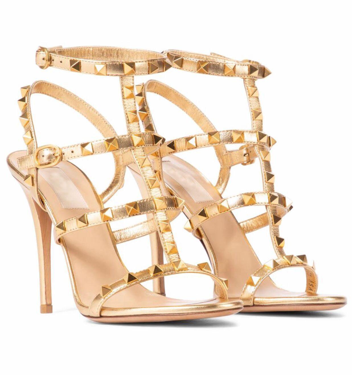 

T-quality Brands Women's Rock Stud Sandals Calfskin Leather Strappy Lady Girl High Heels Perfect Gladiator Sandalias Dress Wedding EU35-43,B, Black