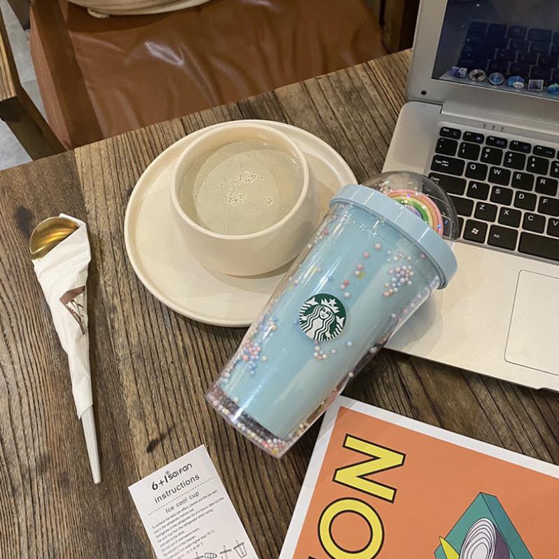 

2021 The latest 16OZ Starbucks cup mug, a variety of styles to choose from starlight rainbow, adult girls cute double drinking cups with straws, Write color after purchase
