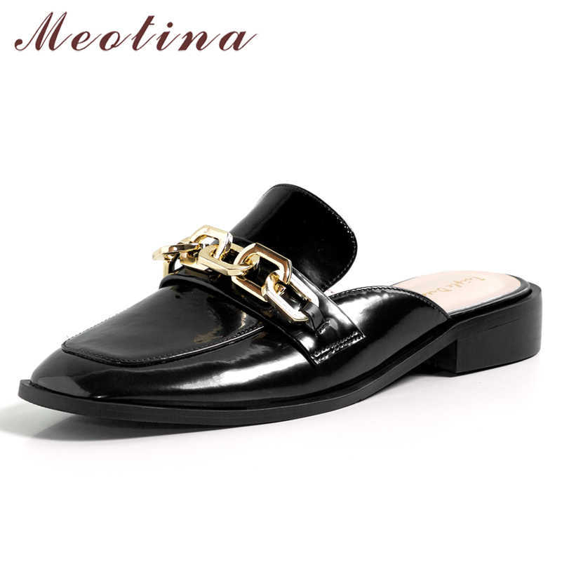 

Meotina Women Mules Shoes Natural Genuine Leather Med Heels Pumps Chain Square Toe Shoes Thick Heel Lady Footwear Spring Beige 210608