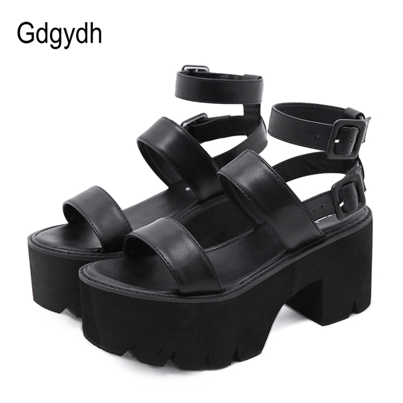 

Gdgydh Arrival Summer Women Platform Sandals Thick Bottom Ankle Strap High Heels Open Toe Black Gothic Shoes 210521