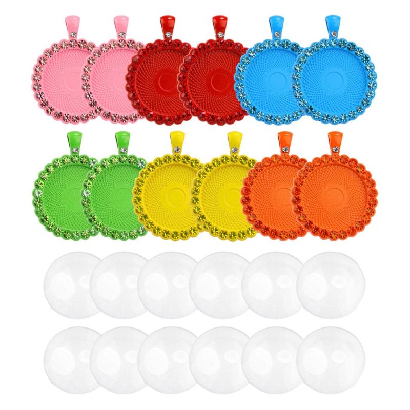 

Earrings & Necklace 13MC Rhinestone Bezel Po Pendant Trays Set Colorful Blank Round Charms With Clear Glass Cabochon Jewelry Making, As pic